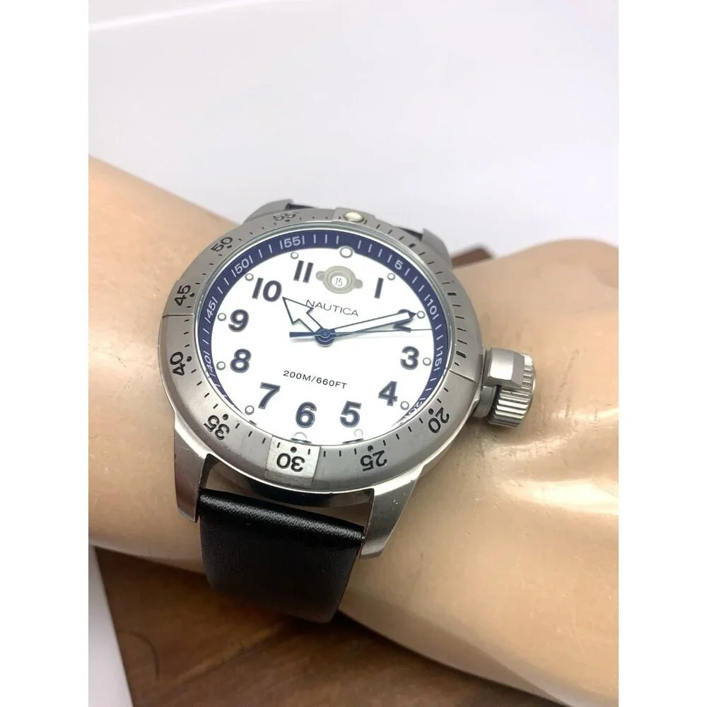 Nautica Men's Watch N14524 Quartz White Dial Date Black Leather Band 46mm
